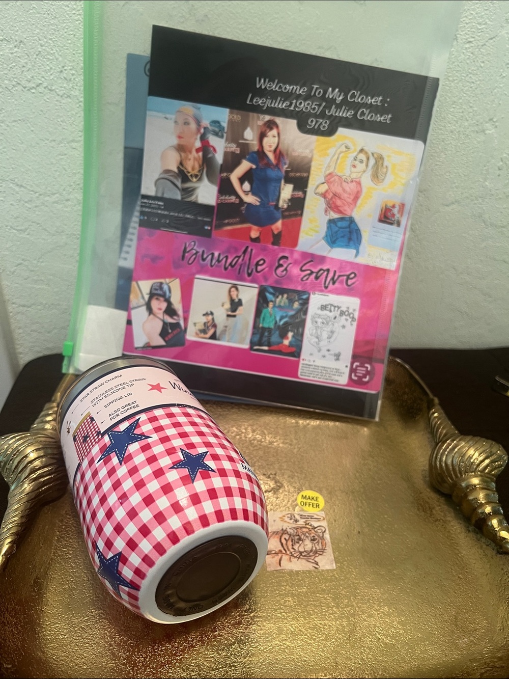 #2238*”4x6”Manna Wine Tumbler W/ Straw Topper - Blue & Red Gingham Stars - Picture 6 of 17